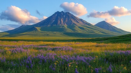 Fototapeta premium A serene landscape featuring a majestic volcano surrounded by vibrant wildflowers.