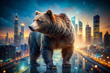 A Majestic Bear Roams Through a Futuristic Cityscape with a Double Exposure Effect, Blending Nature and Urban Life in a Stunning Drone Photography Perspective