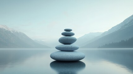 A serene stack of smooth stones balances over a calm lake, surrounded by misty mountains, embodying tranquility and balance in nature.
