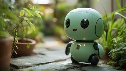 Naklejka premium Close-up of a small robot toy surrounded by green plants in a garden
