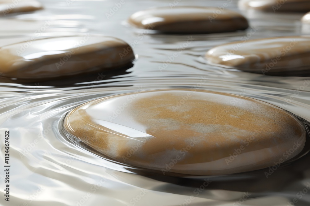 Poster smooth, polished riverbed pebbles create a tranquil path across flowing water, generating mesmerizin