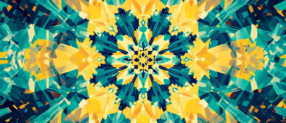 Teal Indigo Yellow Geometric Koch Snowflake Kaleidoscope Painting
