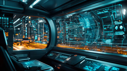 Obraz premium Futuristic Transport Vehicle Holographic Interface: Customizable Travel Experience