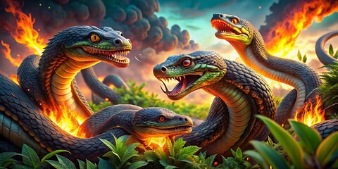 Fototapeta premium A Majestic Seven-Headed Serpent Breathing Fiery Flames in a Lush Fantasy Landscape with High Depth of Field, Showcasing Its Fiery Breath and Mythical Presence