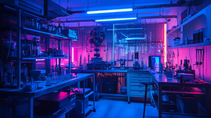 Fototapeta premium Neon Lit Synthetic Telepathy Lab: Technology, Emotion, Innovation