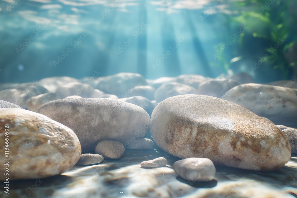 Poster smooth riverbed rocks are illuminated by sunbeams filtering through the clear water, creating a tran