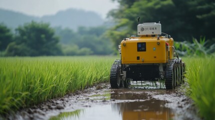 Yellow tractor working in a lush green rice field