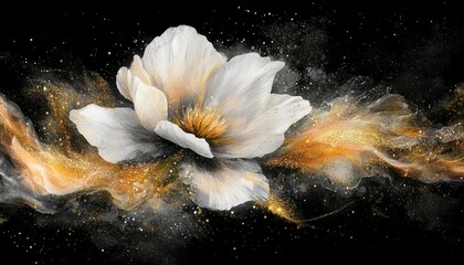 Elegant White Flower In Gold And Black Abstract Art