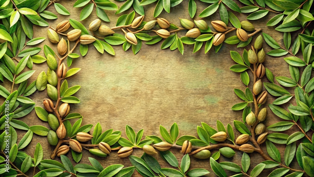 Aufkleber a rustic background with a lush frame of green leaves and delicate seed pods