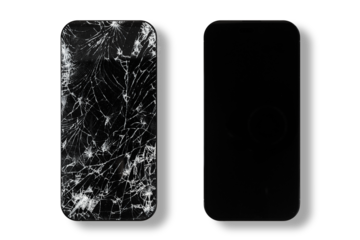 Black touch screen phone with cracked and new screen isolated on transparent background