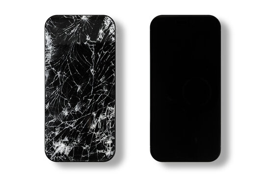 Black touch screen phone with cracked and new screen isolated on transparent background