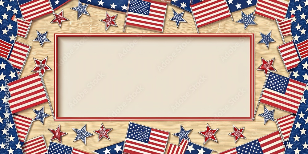 Poster american frame corner with usa flag symbols and empty text space for customizable messages or promot