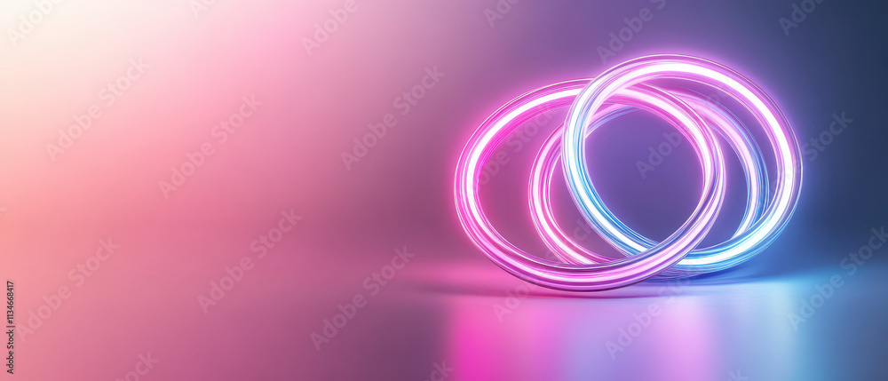 Poster futuristic neon rings glowing on dark surface, creating vibrant and captivating atmosphere. interpla