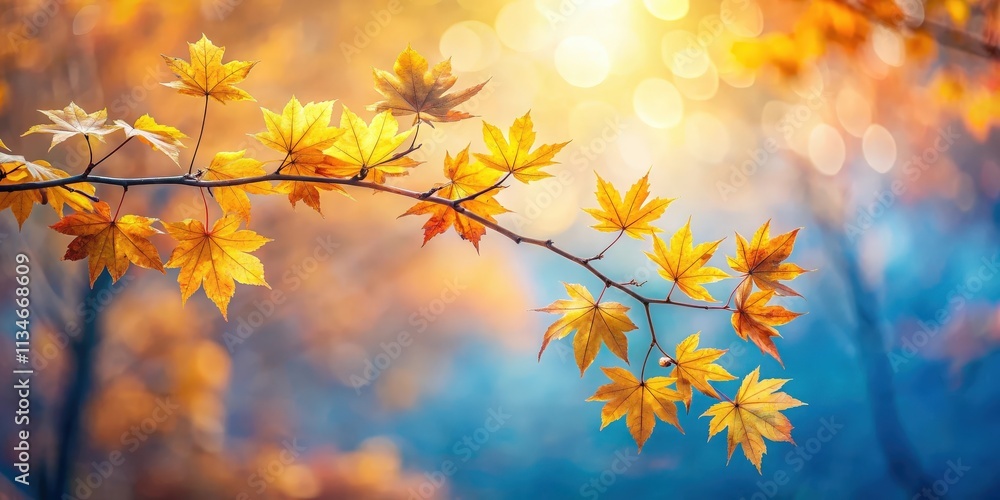 Poster golden autumn leaves on a branch against a soft blurred background of warm colors and bokeh lights