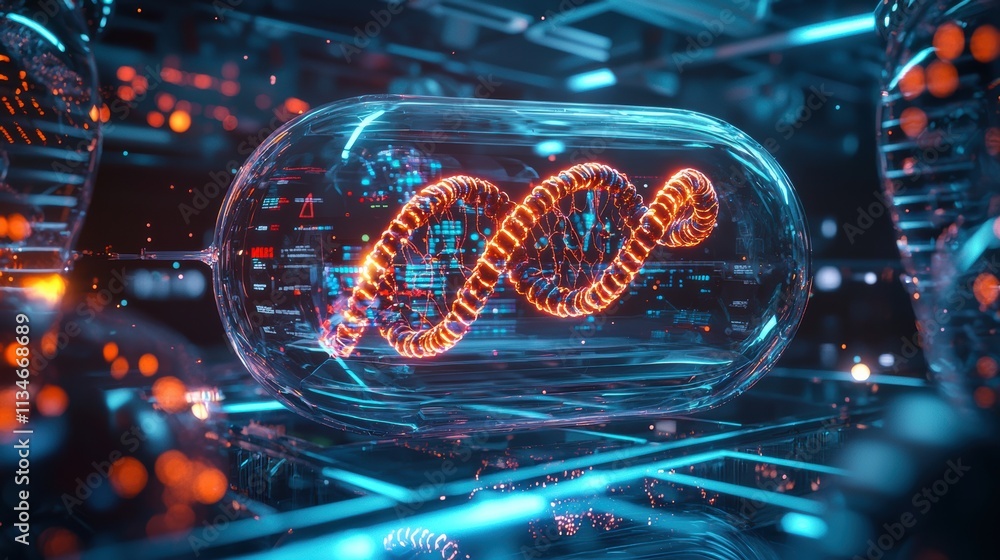 Poster close-up view of a futuristic 3d genetic helix in a dynamic digital lab environment