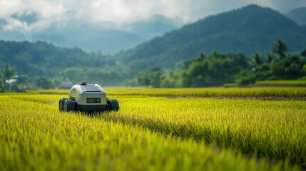 Fototapeta premium Scenic view of a car driving through a green rural landscape