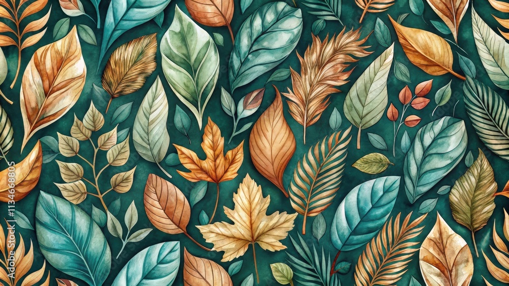 Aufkleber a vibrant and intricate pattern of watercolor leaves, showcasing various shapes, sizes, and colors, 