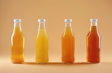 Four Bottles of Different Colored Drinks on Beige Background