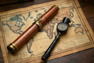 Fototapeta premium Antique telescope, compass, and world map on wooden table.