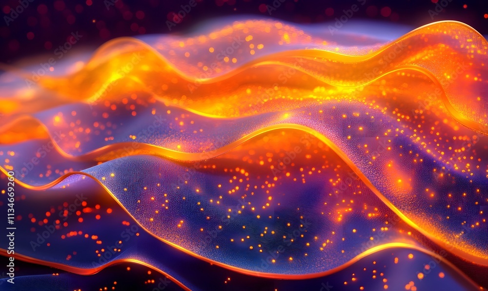 Poster flowing abstract orange light waves with scattered small particle lights.