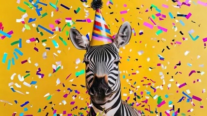 A quirky zebra wearing party hat and surrounded by confetti, concept of thinking outside the box, isolated on a bold yellow background, playful and imaginative.