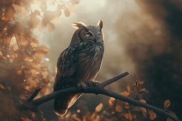Owl sits perched on a branch, bathed in the warm glow of autumn sunlight, creating a serene and captivating scene
