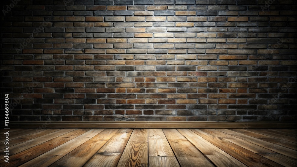Poster an old brick wall backdrop with rustic wooden floorboards illuminated by a single light source.