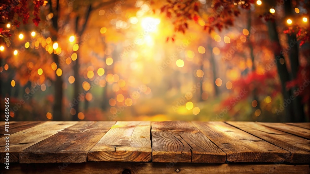 Aufkleber Empty Wooden Tabletop in a Forest Setting with Blurred Background of Golden and Red Fall Foliage and Glowing String Lights