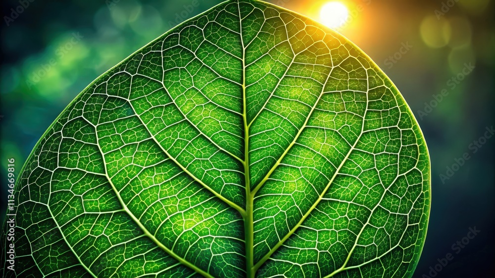 Poster a close-up view of a green leaf's intricate network of veins, illuminated by warm sunlight