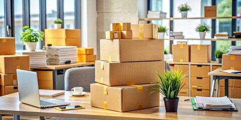 A Neatly Stacked Collection of Cardboard Parcels with Fragile Labels in a Busy Office Environment, Showcasing the Importance of Careful Handling and Packaging in Logistics Operations