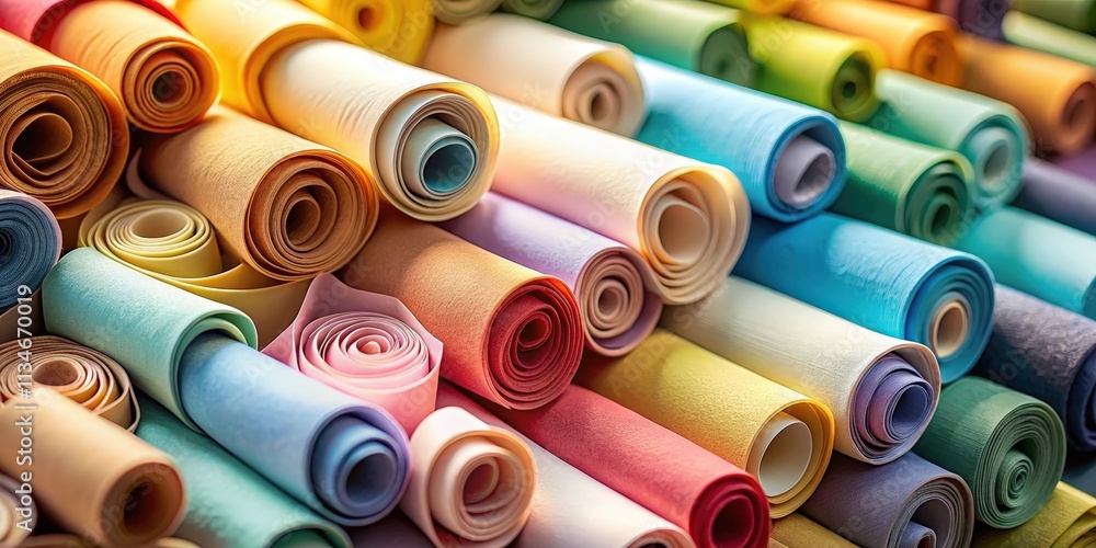 Poster a vibrant display of rolled fabric in a rainbow of colors, showcasing the diverse textures and hues 