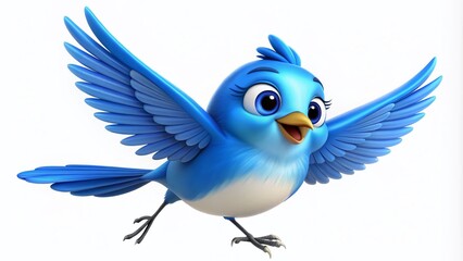 Obraz premium Animated Blue Nightingale Bird Character Taking Flight with Blinking Eyes, Isolated on a White Background in a Playful and Whimsical Style, Perfect for Children’s Media and Illustrations