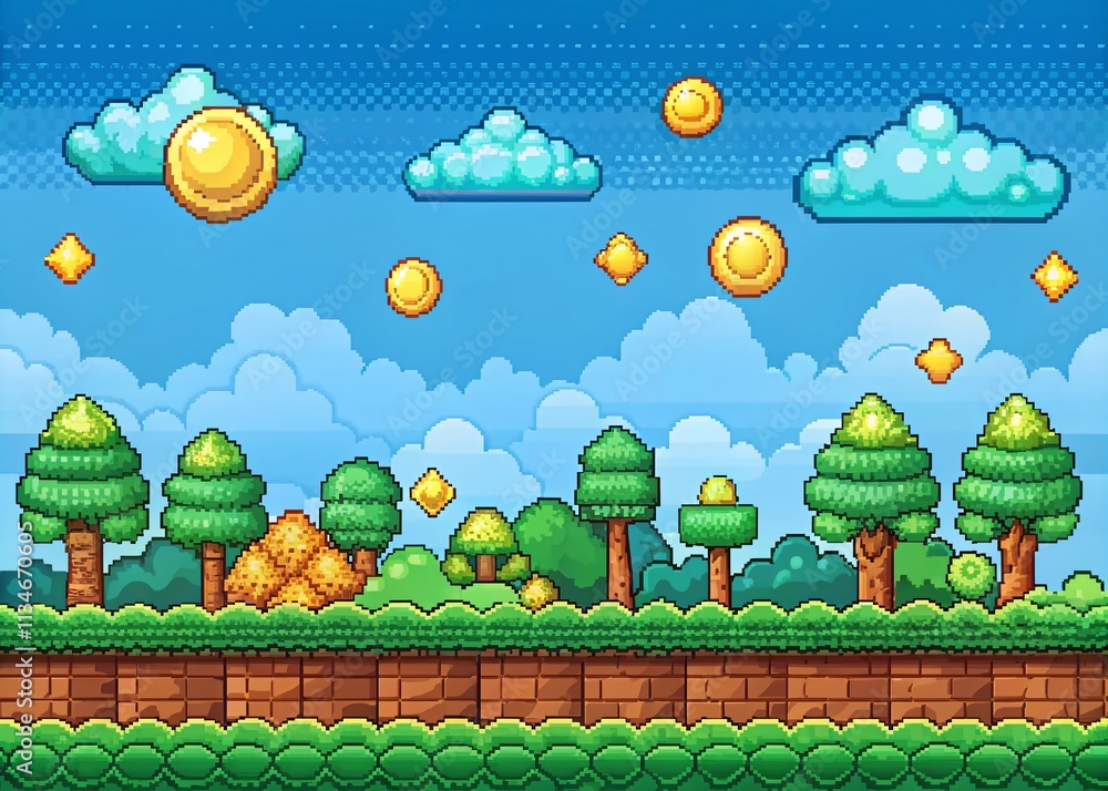Poster animated pixel art level background with floating coins in retro video game style - classic 2d loopi