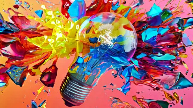 A surreal collage of a lightbulb with paint splashes and floating objects, symbolizing creative thinking, isolated on a vibrant gradient background.