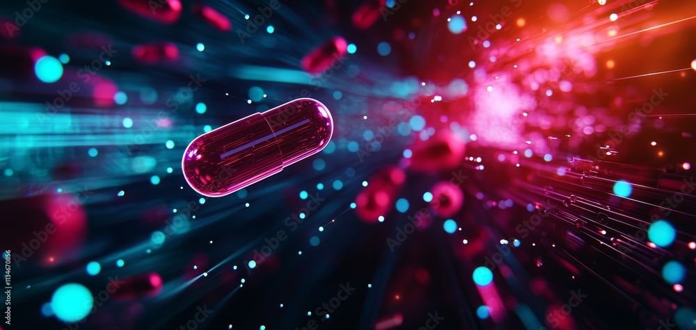Poster a vibrant digital representation of a capsule surrounded by colorful particles, symbolizing the inte