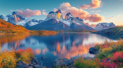 A serene landscape featuring mountains, a lake, and vibrant wildflowers at sunset.