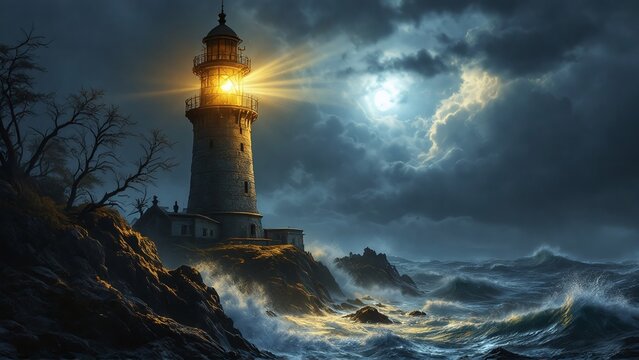 Nighttime lighthouse casting its beacon across a dark ocean, with stormy waves and clouds creating a dramatic and powerful maritime scene