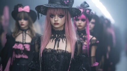 A group of performers in gothic-style outfits posing on a pink-lit stage