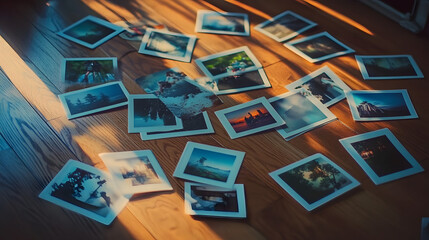 A collection of Polaroid photographs scattered on a hardwood floor, showcasing various memories with diverse scenery and lighting, brilliantly capturing moments frozen in time.