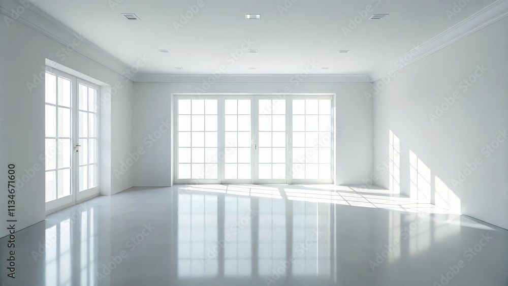 Poster spacious empty room with bright sunlight streaming through large windows and reflecting on the polis