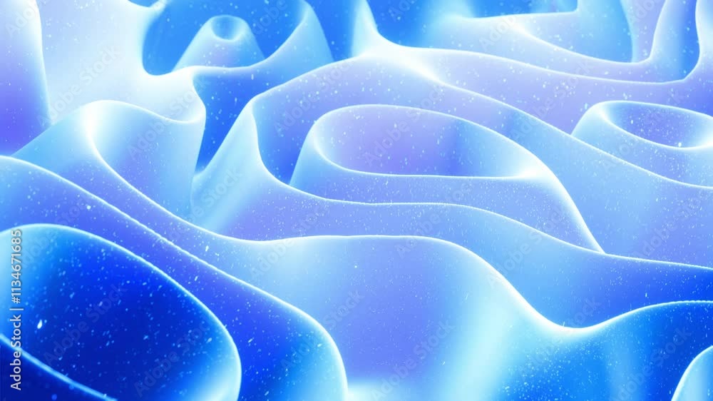 Poster loop 4k. abstract waves of soft blue matte material with light inner glow and glitters on morphing s