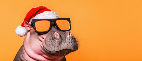 Hippo wearing Santa hat and oversized glasses, exuding joy and playfulness against orange background. This whimsical image captures festive spirit
