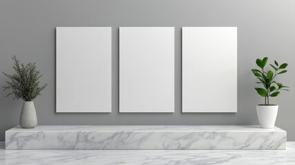 Minimalist display with three blank cards on marble platform, featuring potted plants for modern aesthetic. Perfect for showcasing art or photography