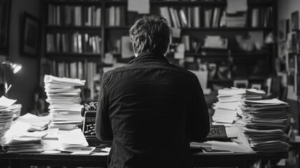Monochrome image of a person studying at a desk surrounded by books