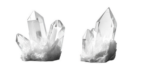 Naklejka premium Two Clear Quartz Crystal Clusters on Black Background, on transparent background , png