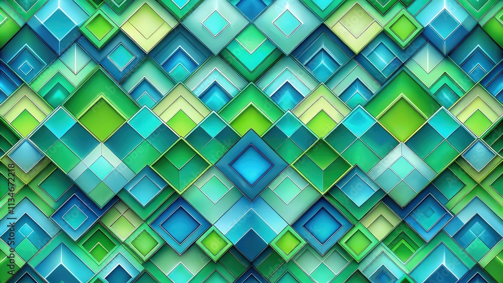 Poster Abstract Geometric Pattern with a 3D Effect of Interlocking Squares in Shades of Green and Blue