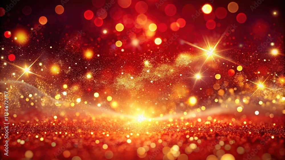 Poster a festive abstract background of sparkling red and gold glitter with blurry lights and starbursts