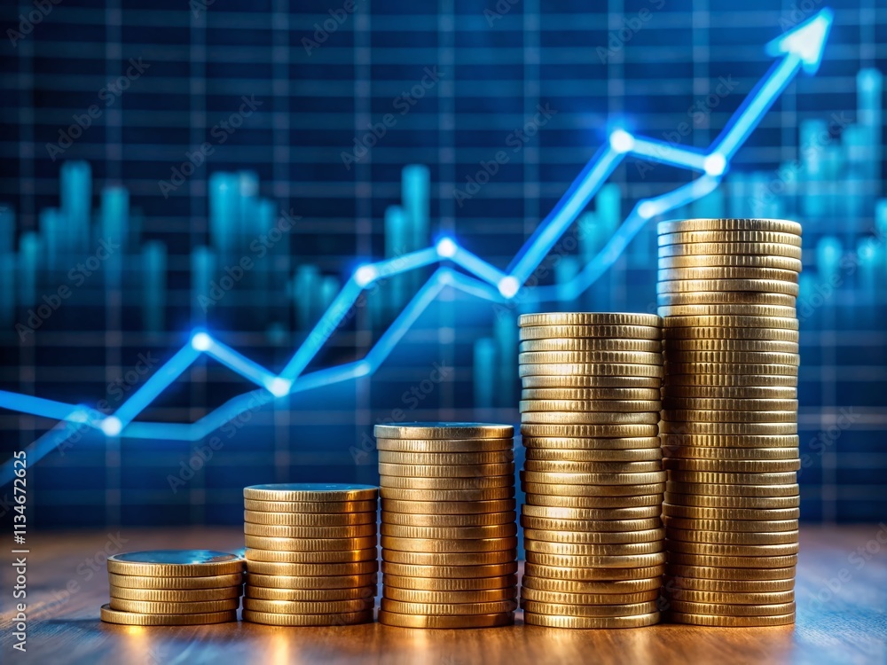 Poster a professional product photography image of a stack of coins with a rising graph illustrating financ