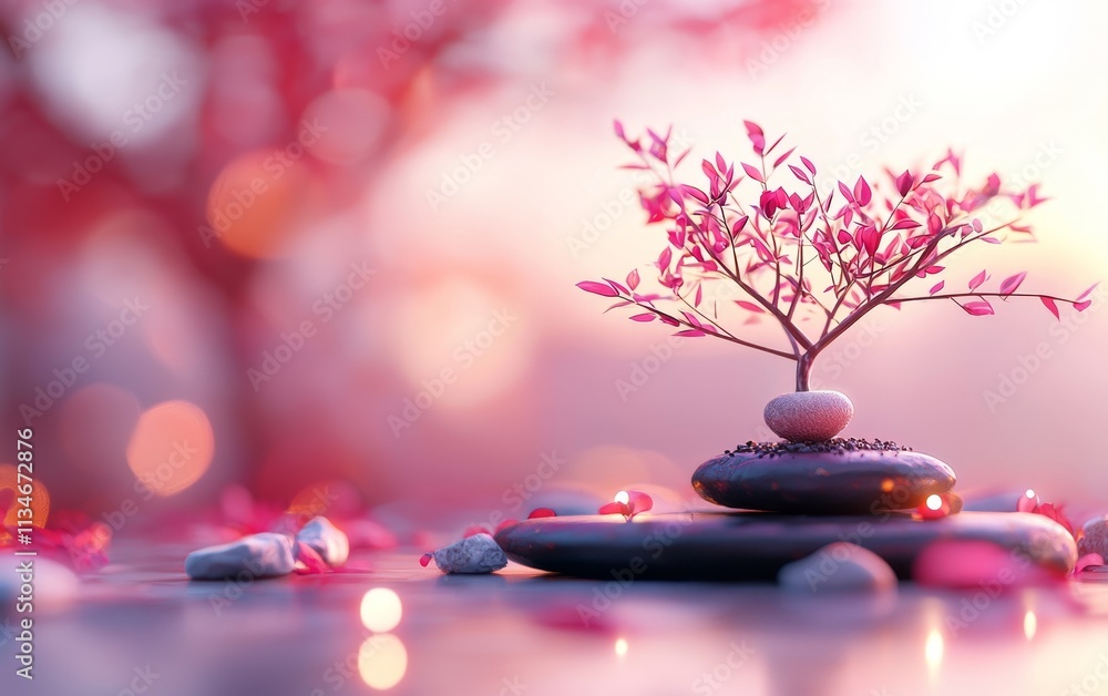 Poster a serene scene featuring a small pink tree on stacked stones, surrounded by soft bokeh, evoking tran