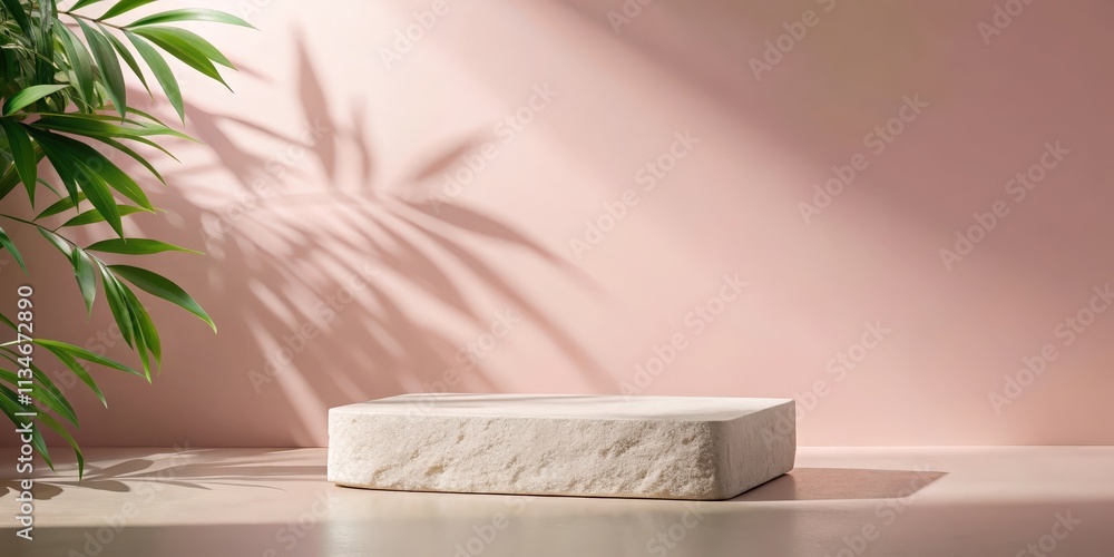 Aufkleber a light stone platform rests on a soft pink surface, bathed in the warm glow of sunlight filtering t